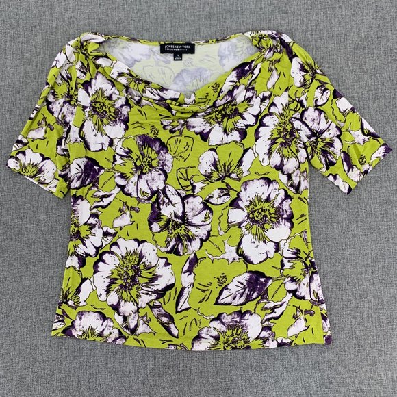 Jones New York Floral Blouse Green White Petite Small 95% Viscose 5% Elastane‎ - Picture 1 of 11